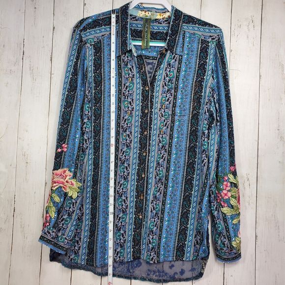 Aratta Silent Journey Embroidered Floral Blouse Tunic Womens Large Blue Boho EUC - Picture 16 of 16